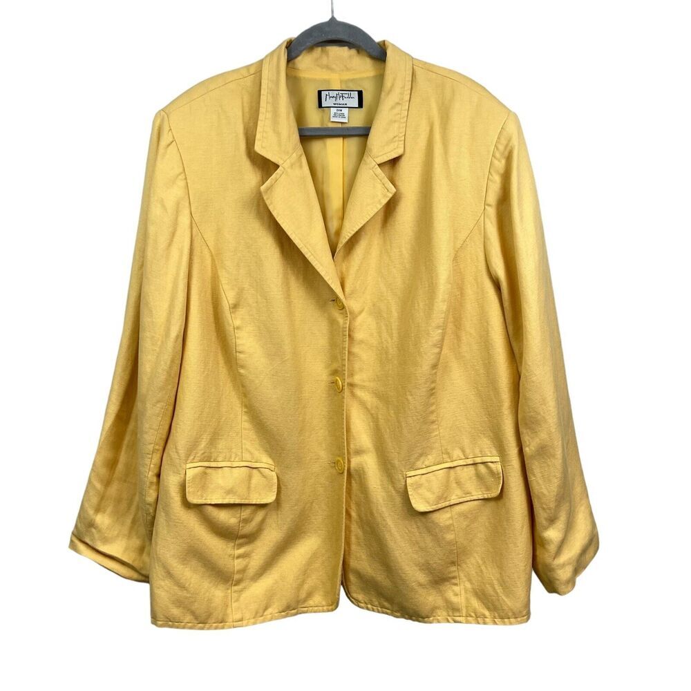 Mary McFadden Womens Linen Blazer Collared Button Flap Pockets Padded Yellow 24W